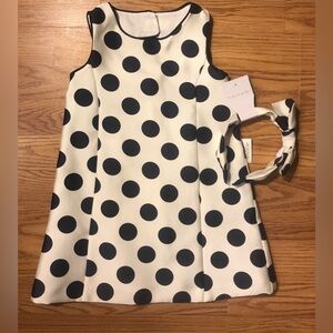 Tahari Sleeveless Polka Dot Dress w Headband Size 4 Years White & Navy NWT